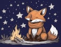 A Doodle of a Fox Wearing a Scarf, Sitting by a Campfire Under the Stars Royalty Free Stock Photo