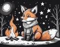 A Doodle of a Fox Wearing a Scarf, Sitting by a Campfire Under the Stars Royalty Free Stock Photo