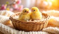 Pair of Adorable Yellow Canaries in Cozy Basket Royalty Free Stock Photo