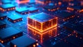 generated using AI.A futuristic microchip glows with a vibrant orange light, surrounded by smaller Royalty Free Stock Photo