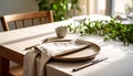 Bare Dining Table with Single Ceramic Plate and Linen Napkin Royalty Free Stock Photo