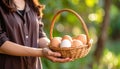 Woman with a basket of raw eggs with blurred background, closed Royalty Free Stock Photo