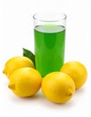 Fresh juicy lemons and a green drink on a white background. Royalty Free Stock Photo