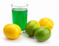 Fresh juicy lemons and a green drink on a white background. Royalty Free Stock Photo