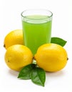 Fresh juicy lemons and a green drink on a white background. Royalty Free Stock Photo