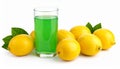 Fresh juicy lemons and a green drink on a white background. Royalty Free Stock Photo
