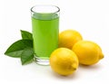 Fresh juicy lemons and a green drink on a white background. Royalty Free Stock Photo