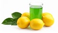 Fresh juicy lemons and a green drink on a white background. Royalty Free Stock Photo