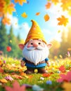 cheerful gnome with a yellow hat stands among colorful autumn leaves, capturing the essence of fall in a vibrant landscape. Royalty Free Stock Photo