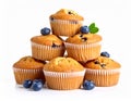 Delicious blueberry muffins stacked on a white background. Royalty Free Stock Photo