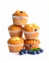 Delicious blueberry muffins stacked on a white background. Royalty Free Stock Photo