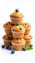 Delicious blueberry muffins stacked on a white background. Royalty Free Stock Photo