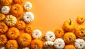 Flat lay composition with different ripe pumpkins on orange background Royalty Free Stock Photo