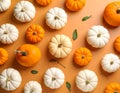 Flat lay composition with different ripe pumpkins on orange background Royalty Free Stock Photo