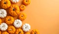 Flat lay composition with different ripe pumpkins on orange background Royalty Free Stock Photo