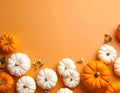 Flat lay composition with different ripe pumpkins on orange background Royalty Free Stock Photo