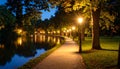 Quiet lakeside path with streetlight reflections Royalty Free Stock Photo