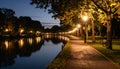 Quiet lakeside path with streetlight reflections Royalty Free Stock Photo