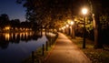 Quiet lakeside path with streetlight reflections Royalty Free Stock Photo