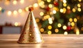 Colorful party hat on table with blurred glowing string lights background Royalty Free Stock Photo
