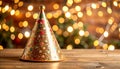 Colorful party hat on table with blurred glowing string lights background Royalty Free Stock Photo
