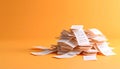 Neatly arranged pile of receipts on matte pastel orange gradient background Royalty Free Stock Photo