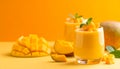 Mango mousse in glass on matte yellow-orange gradient background Royalty Free Stock Photo