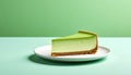 Slice of matcha cheesecake on simple plate with mint green gradient background Royalty Free Stock Photo