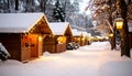 Wide Shot of Snowy Christmas Market with Wooden Huts and Lights Royalty Free Stock Photo