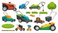 generated using AI.Various lawn care tools and equipment are displayed, including multiple types of lawnmowers Royalty Free Stock Photo