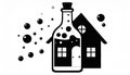 generated using AI.Stylized black-and-white illustration featuring a house inside a bottle, Royalty Free Stock Photo