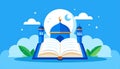 generated using AI.Open book with a mosque featuring two minarets and a blue dome adorned with a crescent. Royalty Free Stock Photo