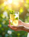 Close-up of hands holding a glass of infused water with lemon and mint Royalty Free Stock Photo