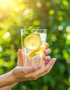 Close-up of hands holding a glass of infused water with lemon and mint Royalty Free Stock Photo