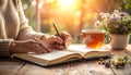 Hands journaling in open notebook with herbal tea, warm neutral tones Royalty Free Stock Photo