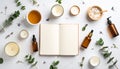 Natural skincare, candles, and tea arranged aesthetically Royalty Free Stock Photo