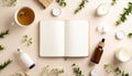 Natural skincare, candles, and tea arranged aesthetically Royalty Free Stock Photo