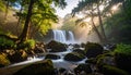 Fog drifting around waterfall and forest, mysterious mood Royalty Free Stock Photo
