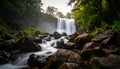 Fog drifting around waterfall and forest, mysterious mood Royalty Free Stock Photo