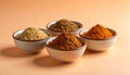 Small pile of barbecue spices in bowls on matte gradient background from muted orange to peach, minimal focus Royalty Free Stock Photo
