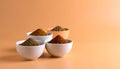 Small pile of barbecue spices in bowls on matte gradient background from muted orange to peach, minimal focus Royalty Free Stock Photo