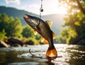 Catching fish on hook in river. Fishing day Royalty Free Stock Photo