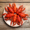 Delicious boiled crayfishes on wooden table, top view Royalty Free Stock Photo