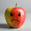 Apple with crying face on grey table, closeup. Concept of jealousy Royalty Free Stock Photo