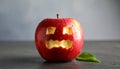Apple with crying face on grey table, closeup. Concept of jealousy Royalty Free Stock Photo