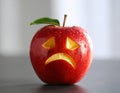 Apple with crying face on grey table, closeup. Concept of jealousy Royalty Free Stock Photo