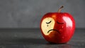 Apple with crying face on grey table, closeup. Concept of jealousy Royalty Free Stock Photo