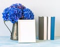 Blue Hydrangeas, White Frame, Books Mockup Home Decor, Stationery Royalty Free Stock Photo