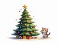 Christmas cat with tree and decoration cartoon Royalty Free Stock Photo