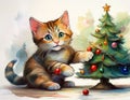 Christmas cat with tree and decoration cartoon Royalty Free Stock Photo
